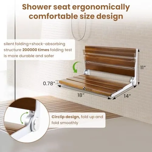 18 Inches  Teak Folding Shower Seat Wall Mounted,Fold Down Shower Bench for Small Shower Space, Home Care Teak Wood Stool for Inside Shower,Pregnants-Maximum Load 380lb[European Teak] (18"-Yellow)