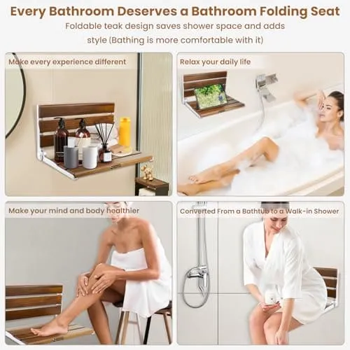 18 Inches  Teak Folding Shower Seat Wall Mounted,Fold Down Shower Bench for Small Shower Space, Home Care Teak Wood Stool for Inside Shower,Pregnants-Maximum Load 380lb[European Teak] (18"-Yellow)