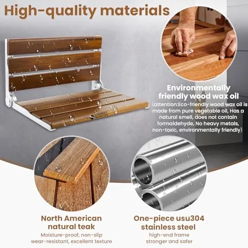 18 Inches  Teak Folding Shower Seat Wall Mounted,Fold Down Shower Bench for Small Shower Space, Home Care Teak Wood Stool for Inside Shower,Pregnants-Maximum Load 380lb[European Teak] (18"-Yellow)