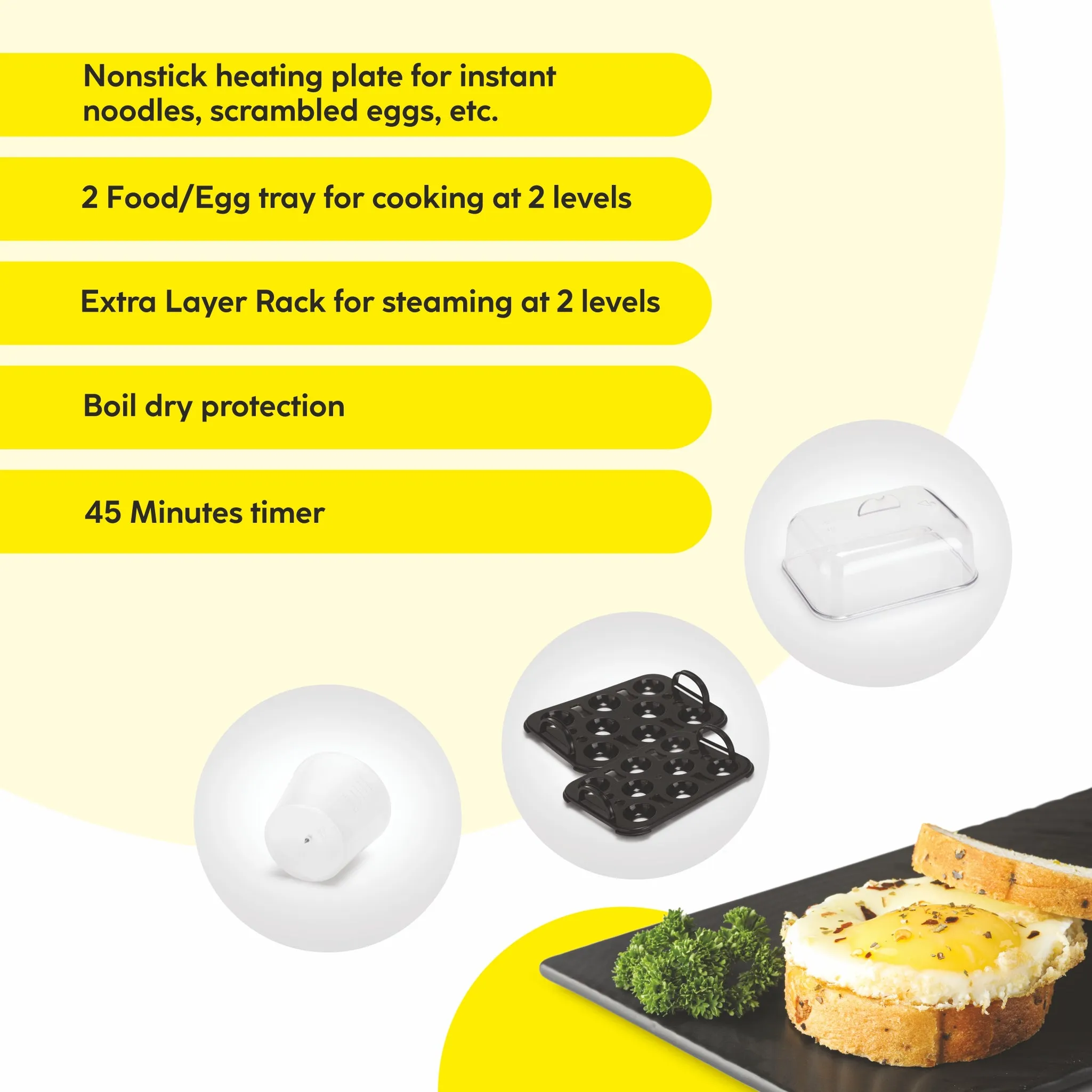 3 in 1 Electric Multi Cooker Egg Boiler with Extra Layer Rack - Steam, Cook & Boil, 45 Minutes Timer, 350W -(3035MCPLUS)