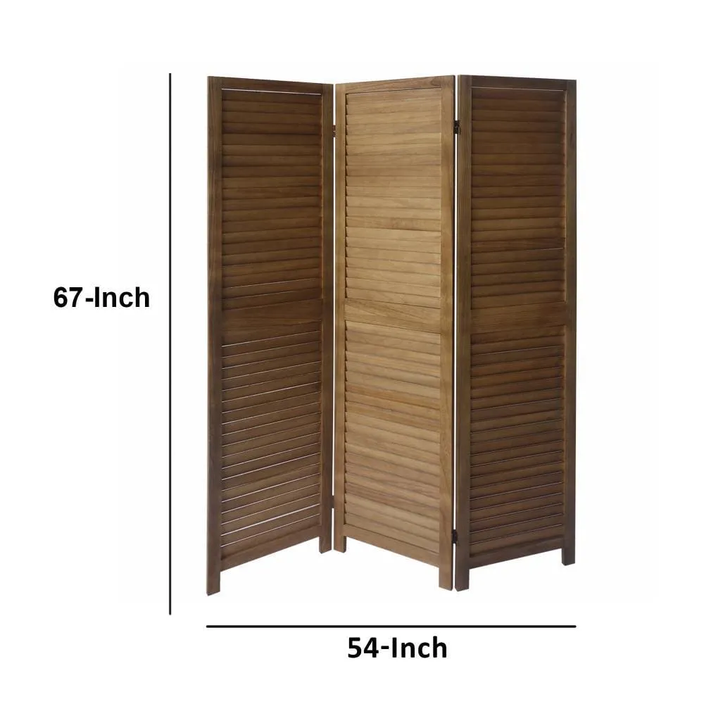 67 Inch Paulownia Wood Panel Divider Screen, Shutter Design, 3 Panels, Natural Oak Brown By The Urban Port