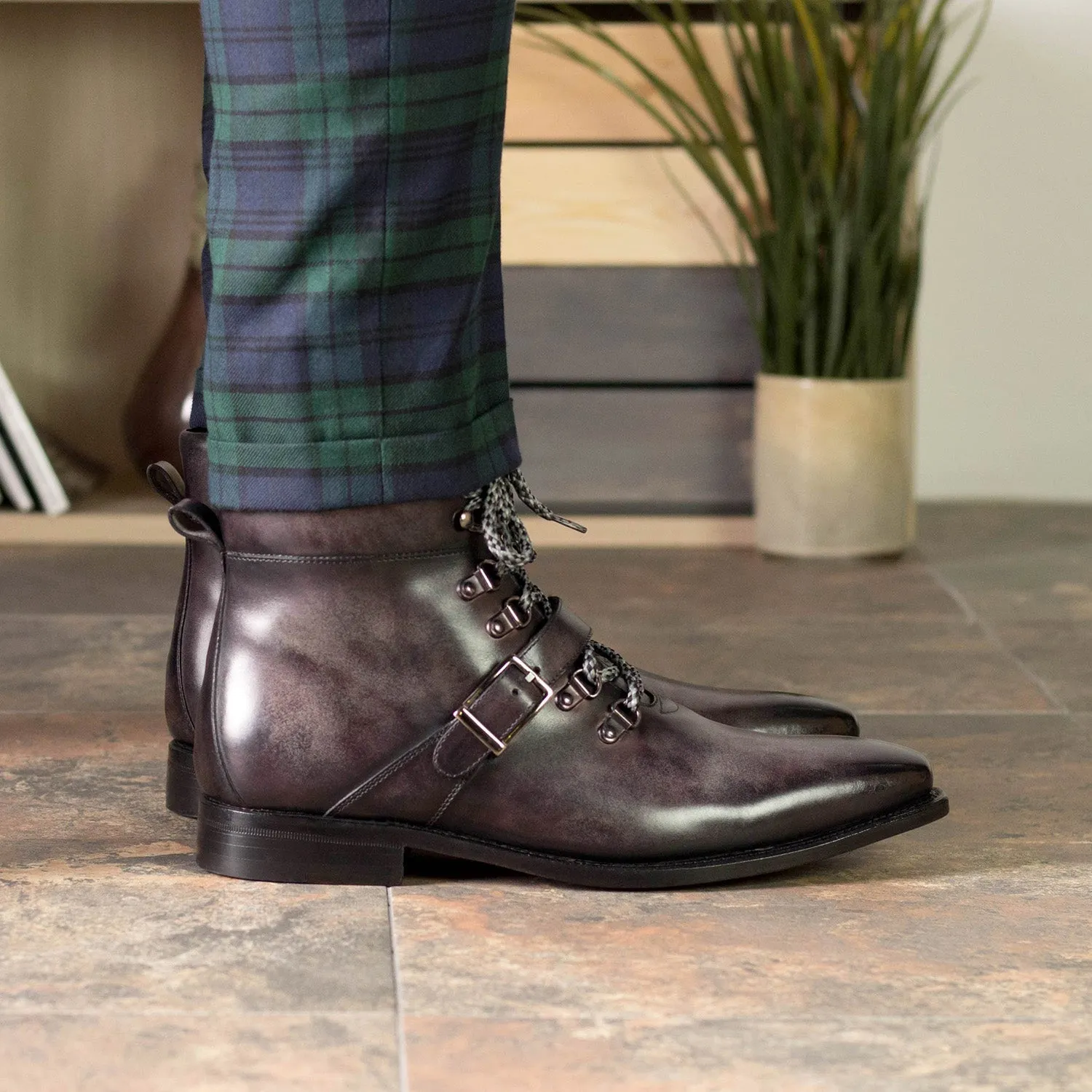 Ambrogio Bespoke Men's Shoes Aubergine Patina Leather Hiking Boots (AMB2373)