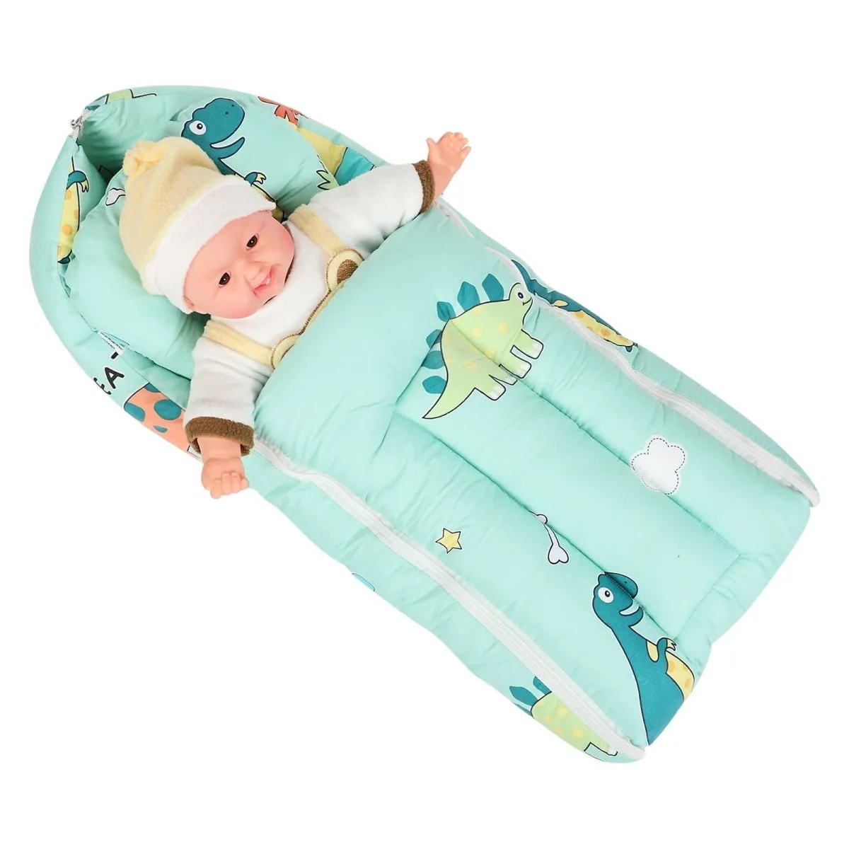 Dino Days- Head Pillow, Bolster Pillow, And Baby Nest Sleeping Bag Bed