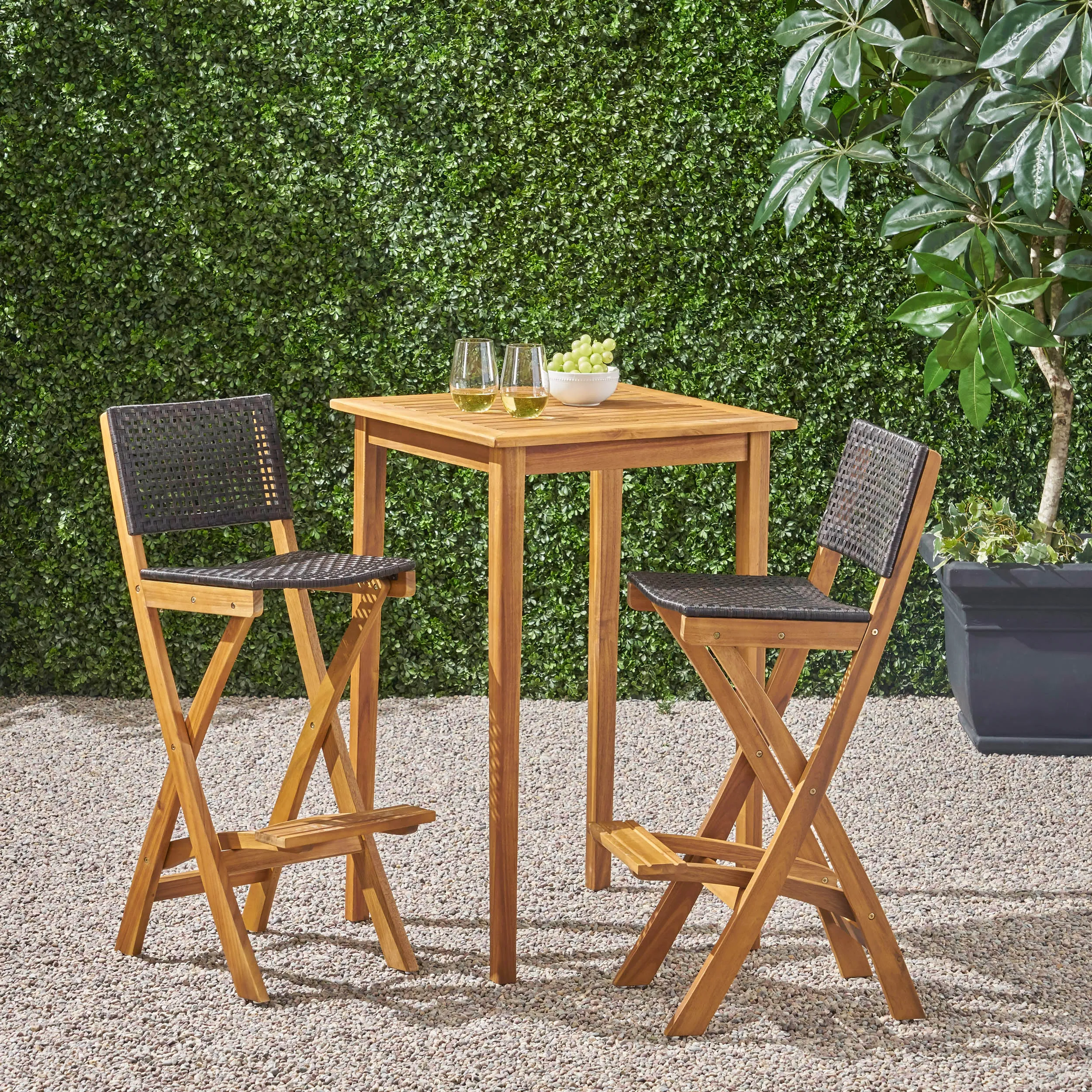 Elizabeth Outdoor 26" Square 3 Piece Wood and Wicker Bar Height Set