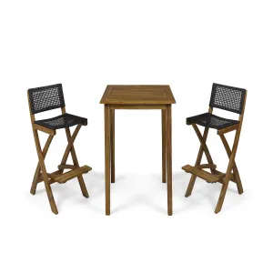 Elizabeth Outdoor 26" Square 3 Piece Wood and Wicker Bar Height Set
