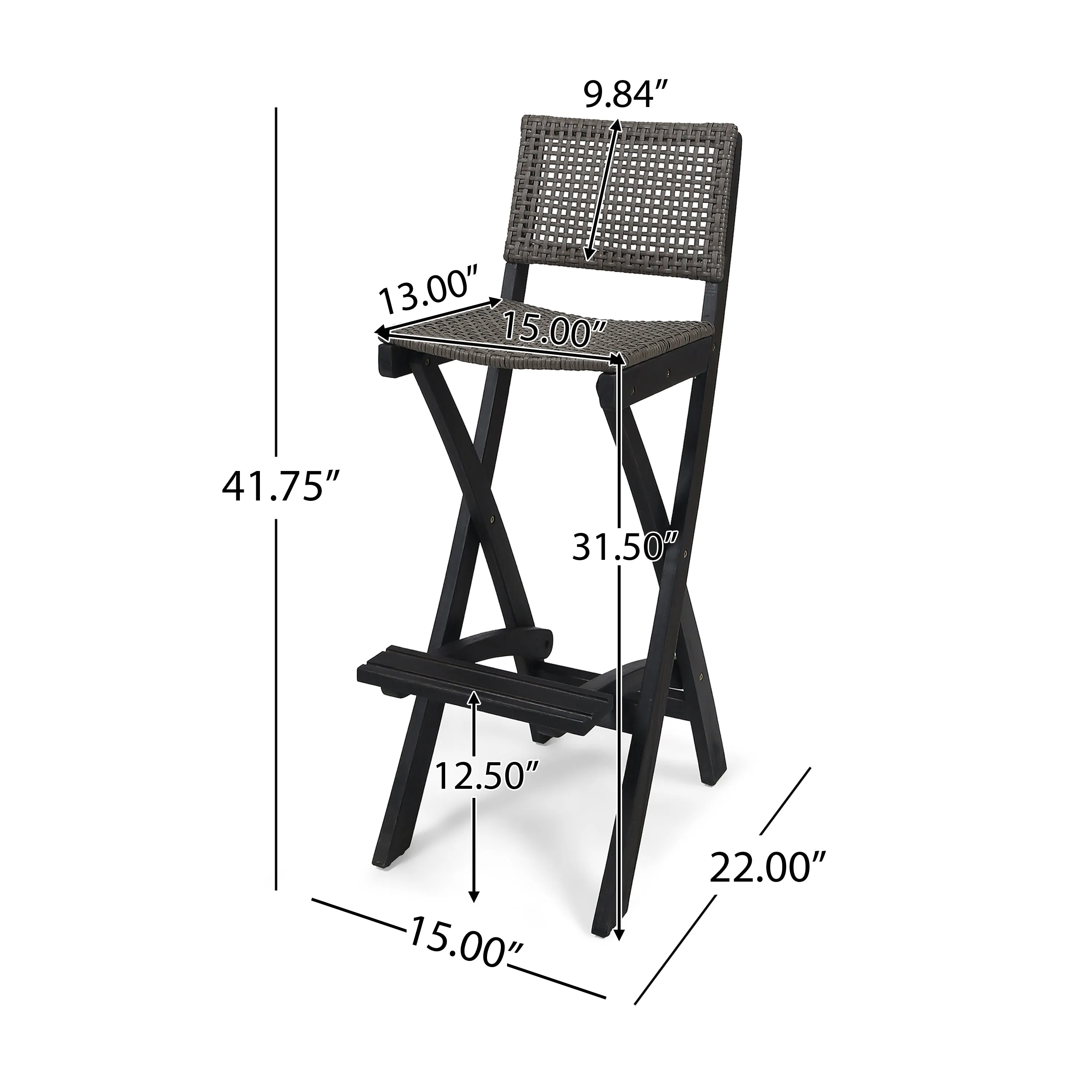 Elizabeth Outdoor 26" Square 3 Piece Wood and Wicker Bar Height Set