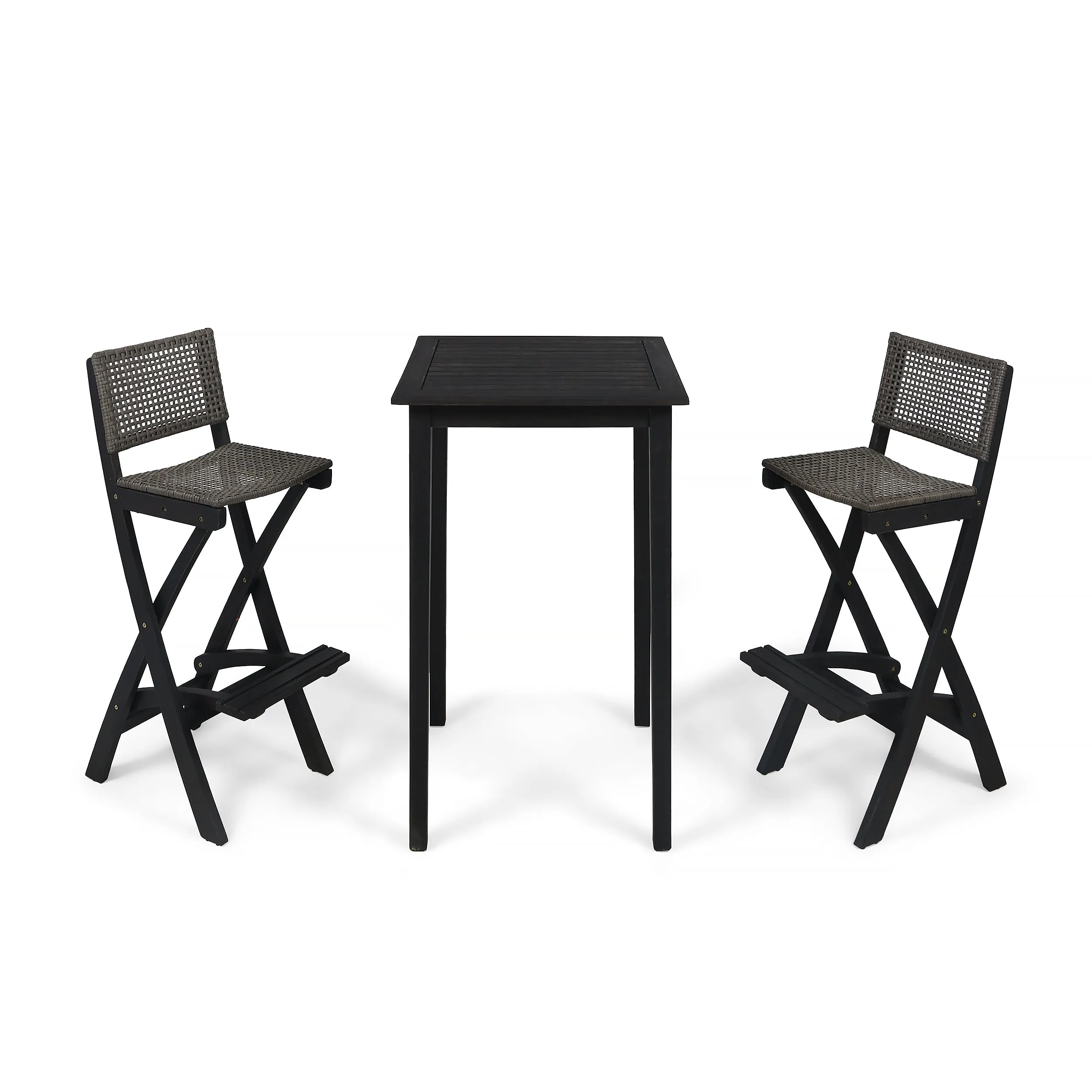 Elizabeth Outdoor 26" Square 3 Piece Wood and Wicker Bar Height Set