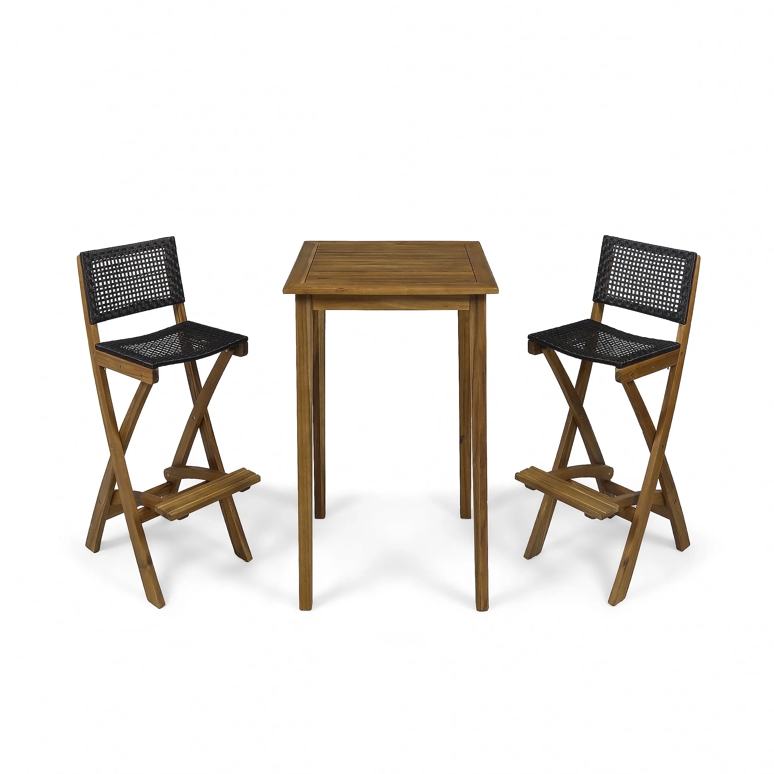 Elizabeth Outdoor 26" Square 3 Piece Wood and Wicker Bar Height Set