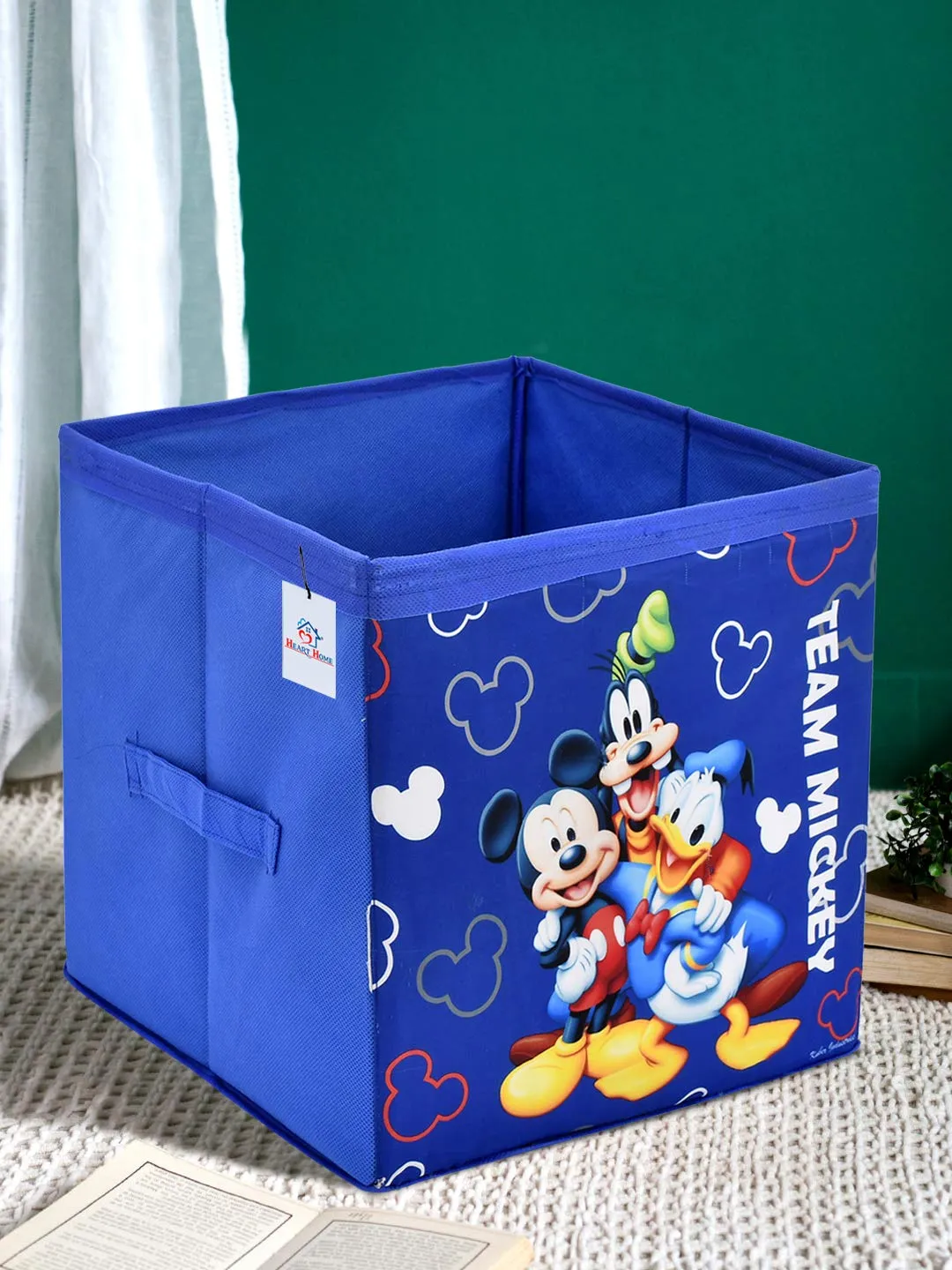 Heart Home Disney Team Minnie Print Non Woven Large Size Fabric Foldable Laundry Basket and Small Size Cube Toy, Books, Shoes Storage Box with Handle (Set of 2, Blue)-HEART11897