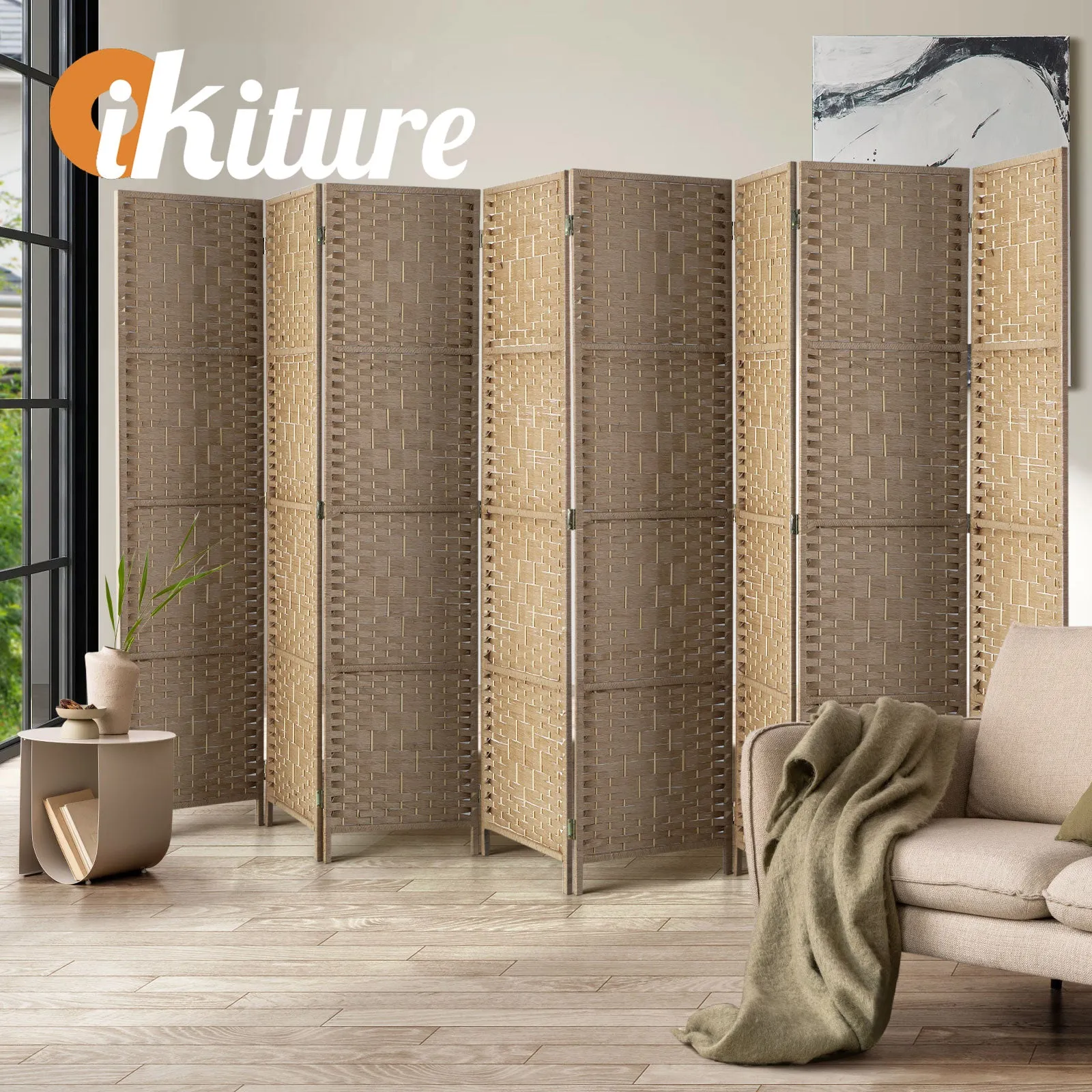 Oikiture 8 Panel Room Divider Privacy Screen Dividers Woven Wood Fold Stand