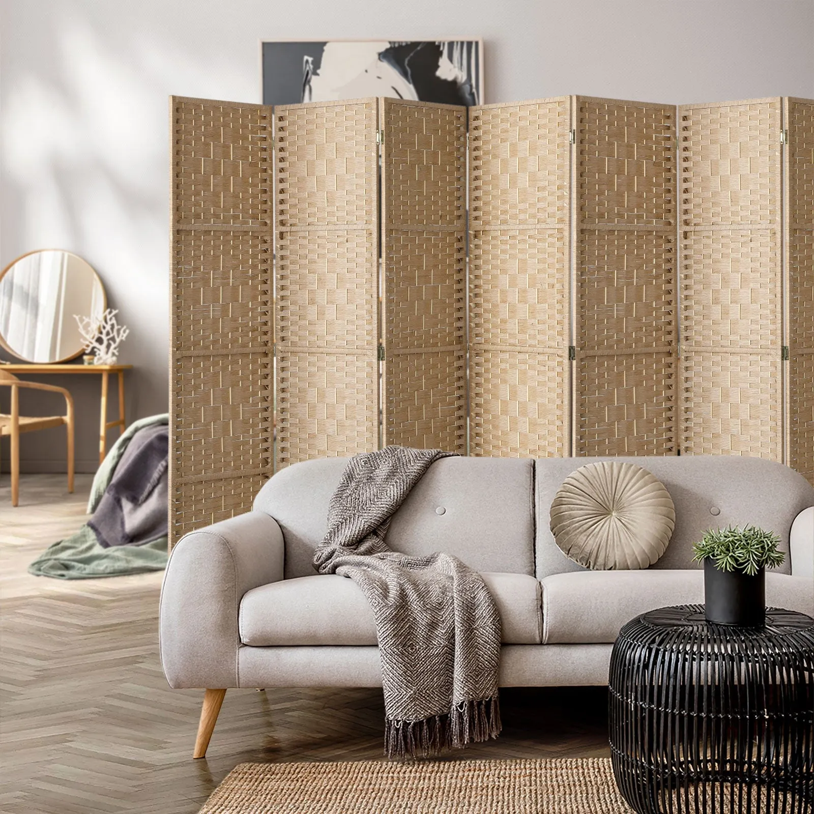 Oikiture 8 Panel Room Divider Privacy Screen Dividers Woven Wood Fold Stand
