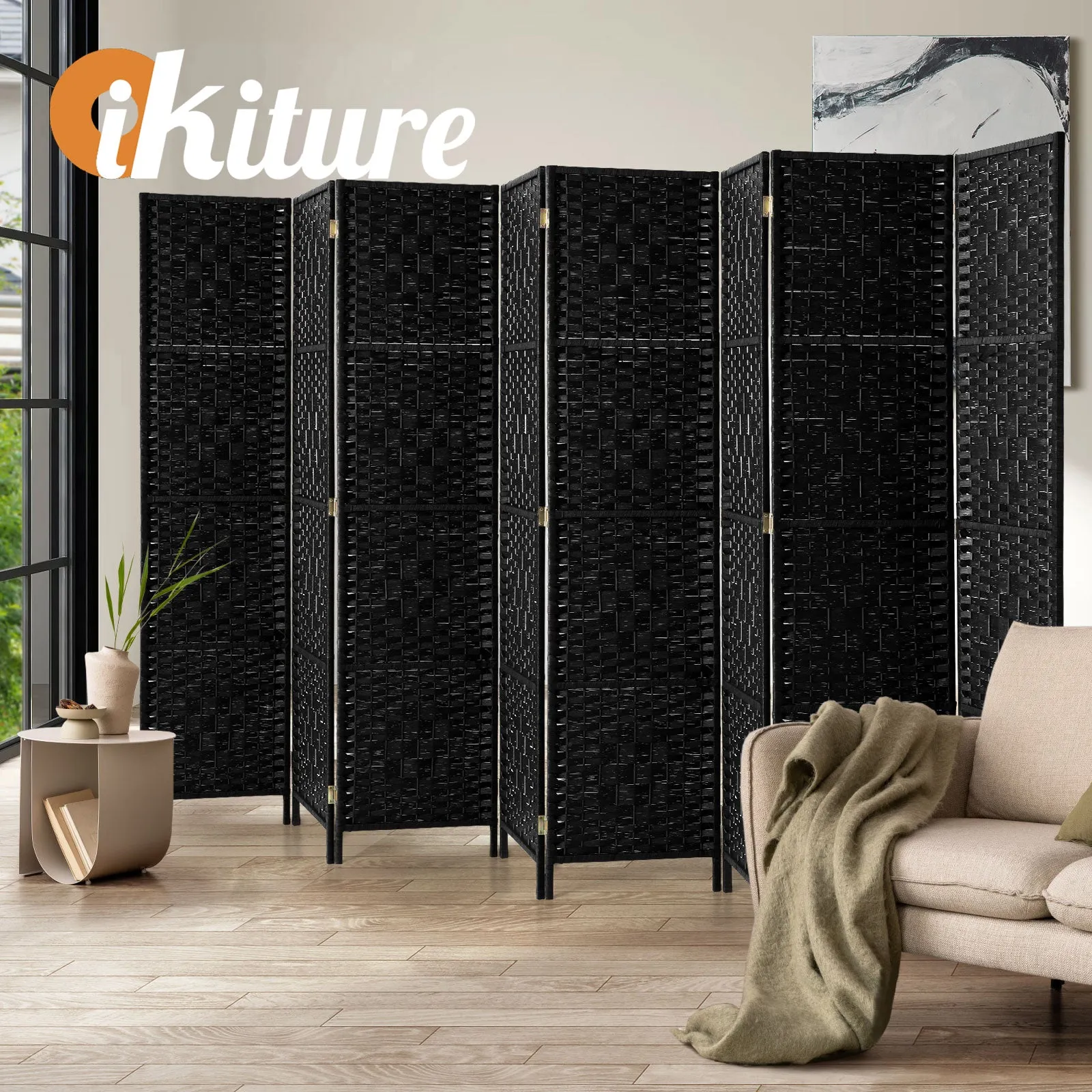Oikiture 8 Panel Room Divider Screen Privacy Dividers Woven Wood Folding Black