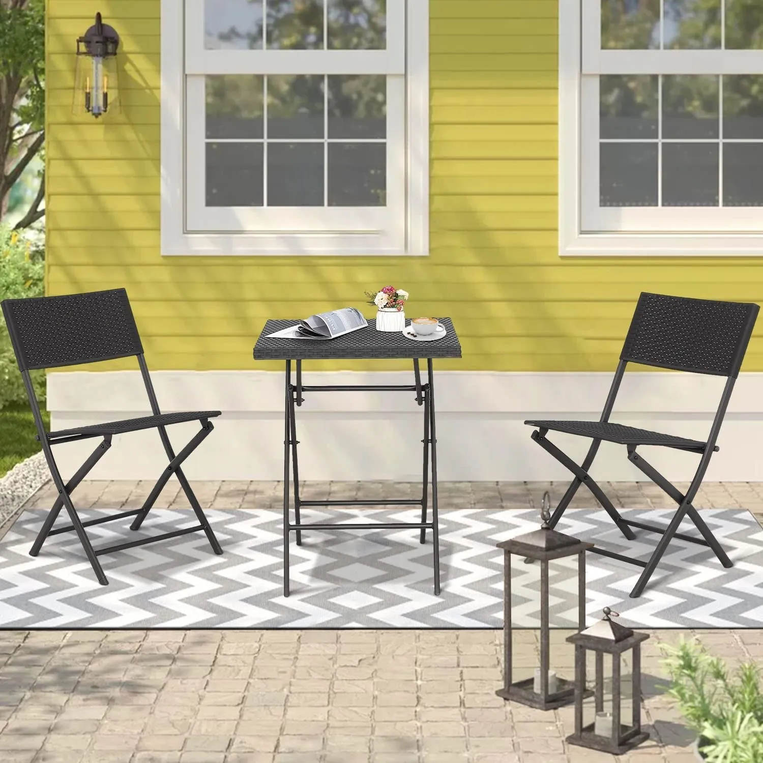 ROXXFLY Rattan Wicker 2 Seater Patio Seating Chair and Table Set for Balcony Home Folding Coffee Table and Chair Patio Furniture Set for Living Room and Garden (Dark Grey)