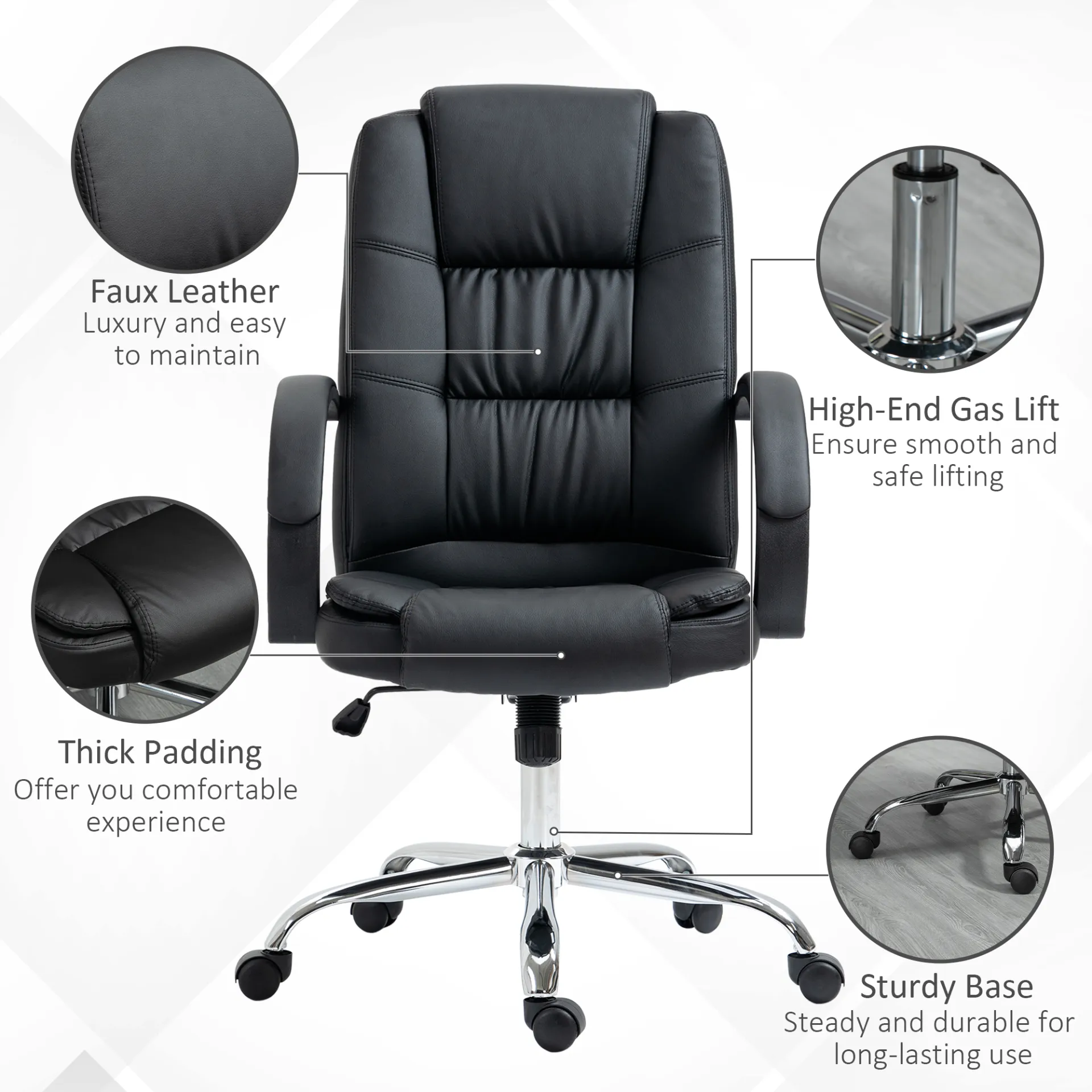 Vinsetto High Back Executive Office Chair - Black PU Leather, Adjustable Height, 360° Swivel, Padded Armrests, Tilt Function