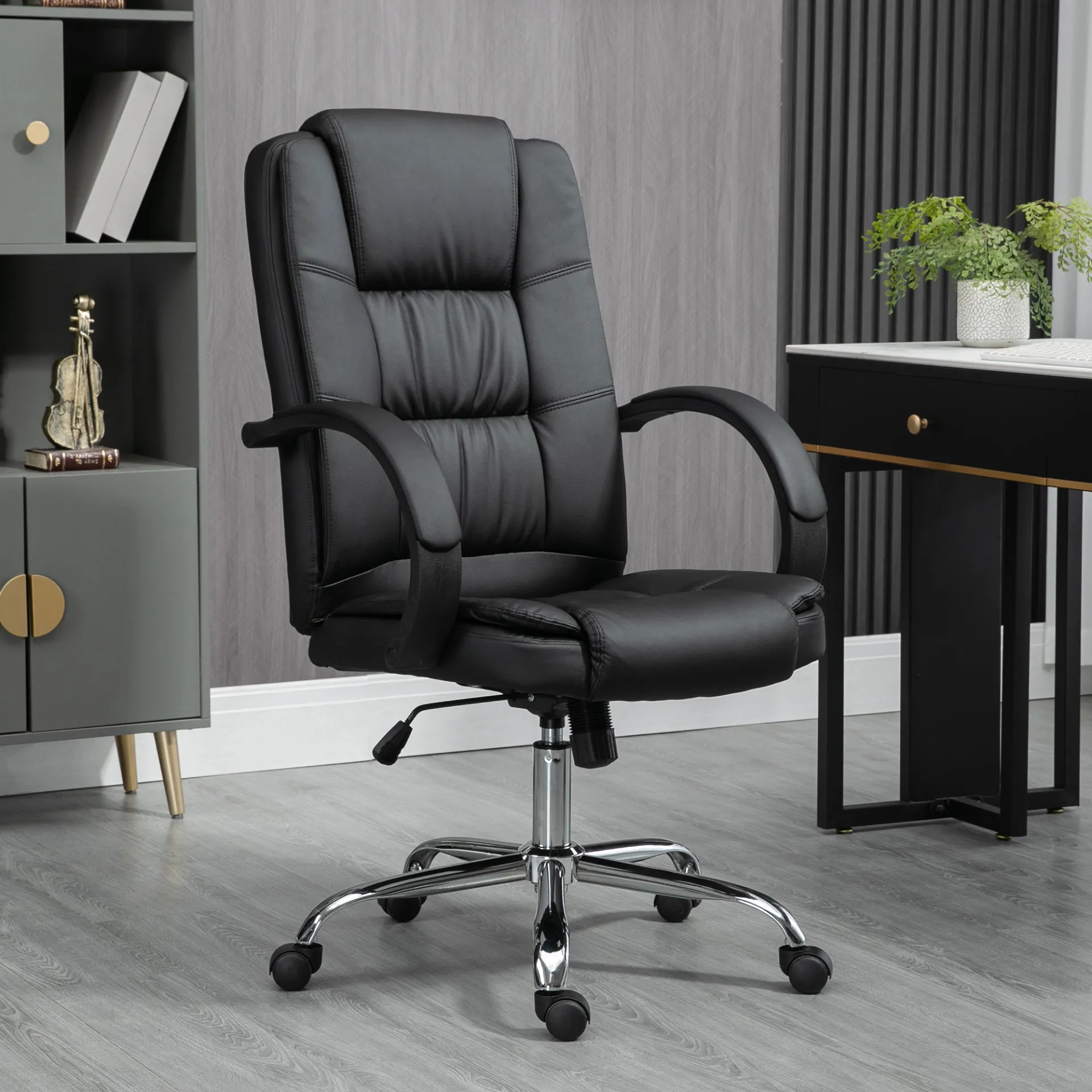 Vinsetto High Back Executive Office Chair - Black PU Leather, Adjustable Height, 360° Swivel, Padded Armrests, Tilt Function