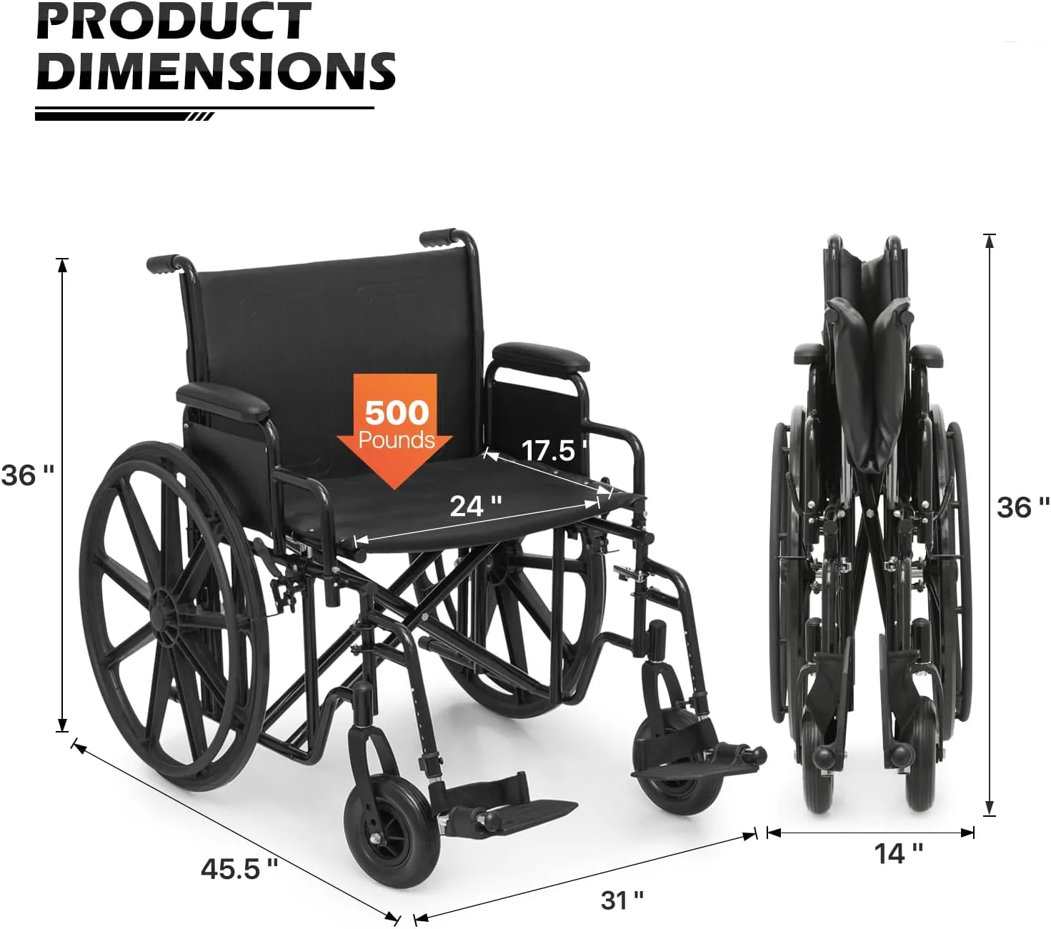 Wide Foldable Wheelchair for Adults: Heavy-Duty 500-lbs Capacity | Folding Transport Self-Propelled Chair with 24-Inch Seat